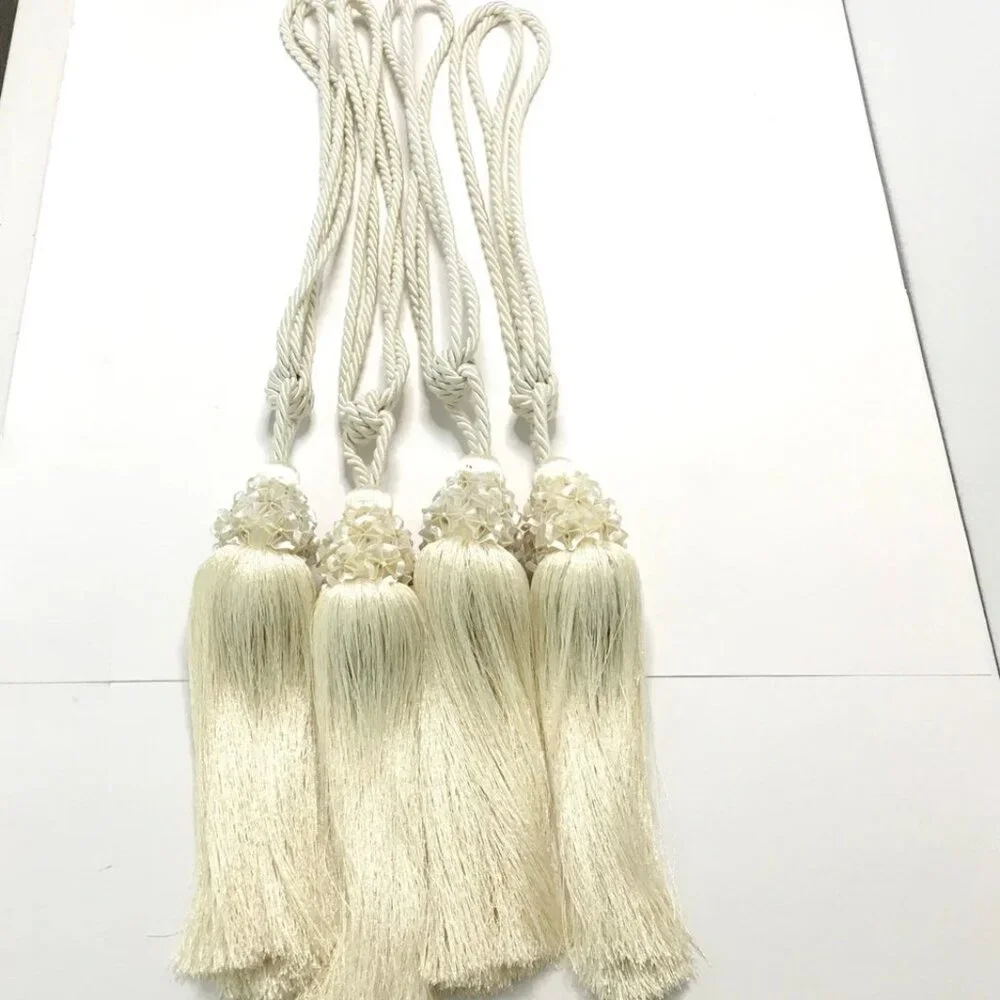4 Large Drapery Curtain Tiebacks 11”Tassel 16”Rope Ivory Victorian Fairy Whimsy